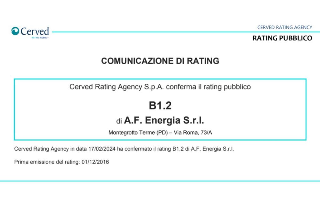 Cerved conferma il rating pubblico di B1.2 di AF Energia